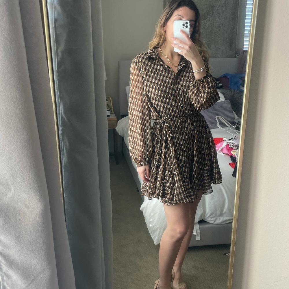 ZARA BROWN GEO PRINT GOLD LUREX VOLUMINOUS RUFFLED HEM SHIRT SKATER SHORT DRESS